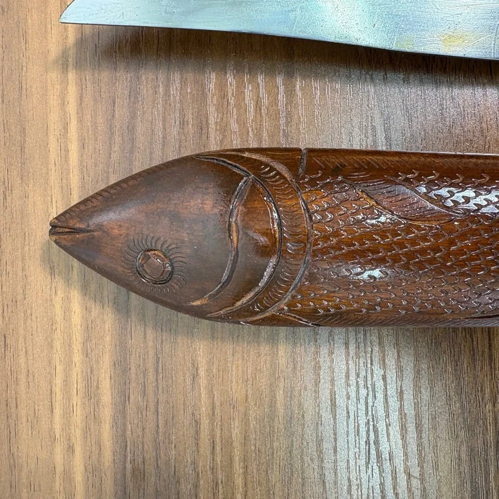 VINTAGE India Hand Carved Wood and Brass Letter Opener Scissors and Knife Set